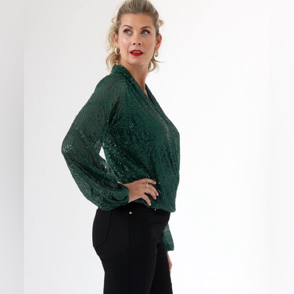 Haven & Blair London Green Sequin Wrap Shirt Size XS - Picture 2 of 9